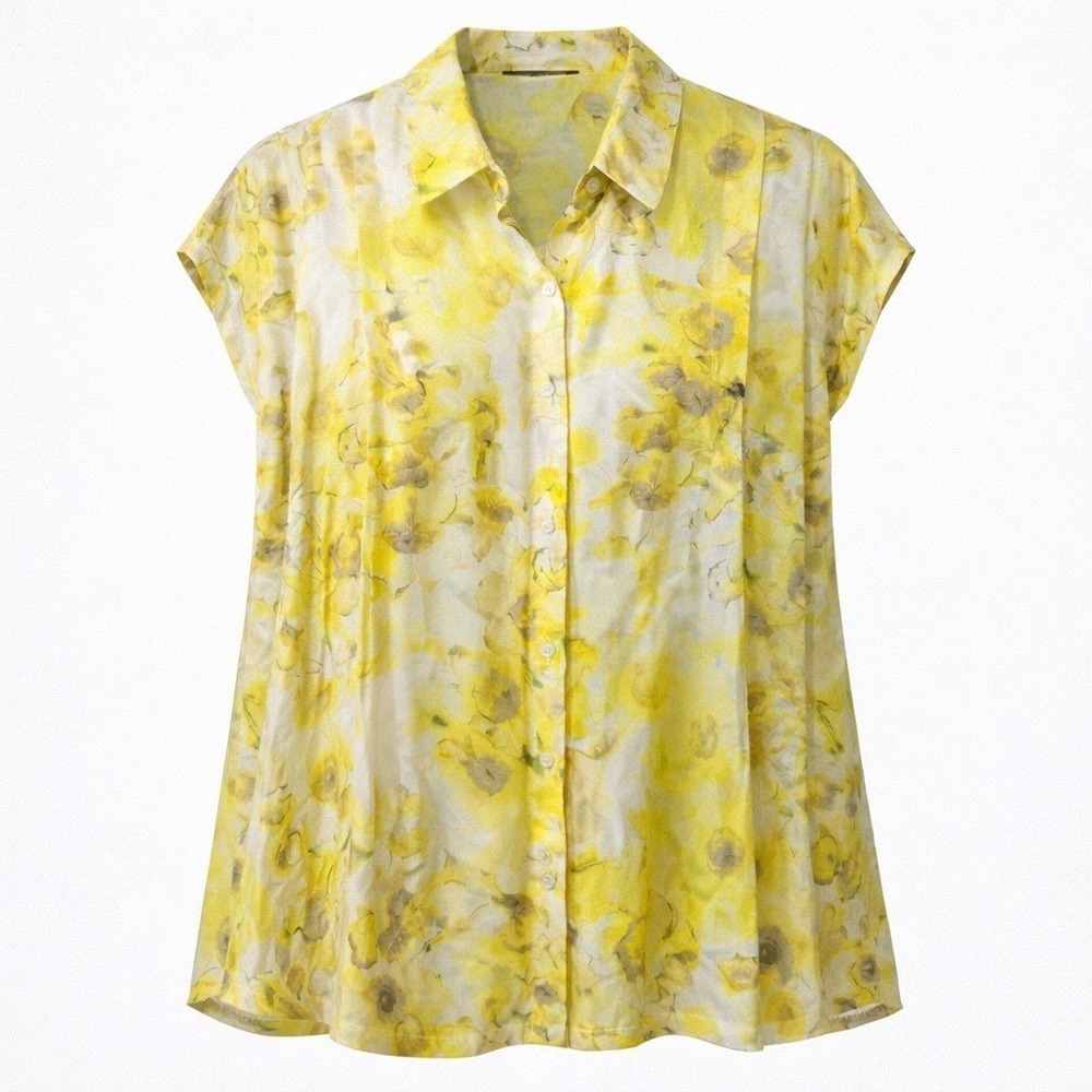 Floral Print Button Up Silk Blend Short‎ Sleeve Blouse Hilton Hollis Women Large